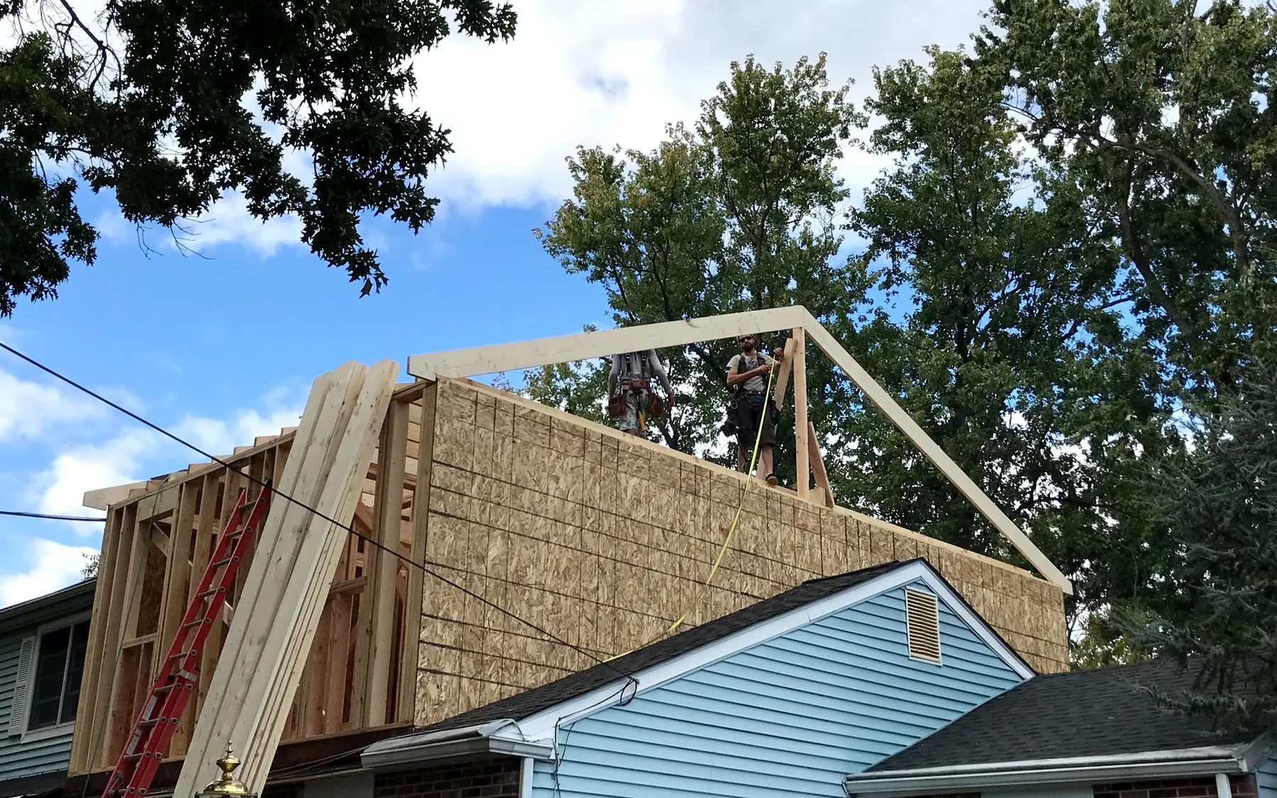 Residential second-story addition being framed
